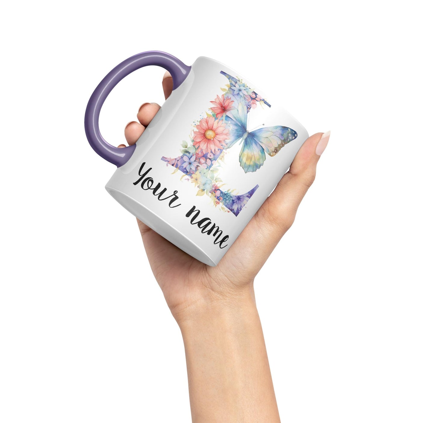 Personalised Letter L mug, Customized Custom Floral flowers butterfly Alphabet Letter L Monogram watercolour Ceramic Coloured Mug Cup for Tea Coffee Hot brew 330ml 11Oz Gift