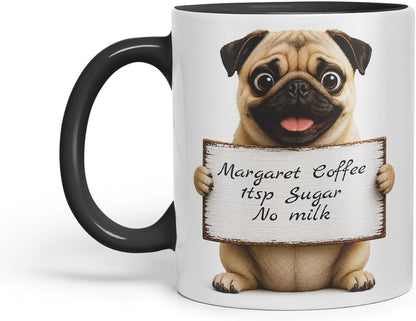Vixar Personalised Pug Mug with Name or Custom Message – Cute Animal Coloured Ceramic Mug Cup Gift, 11oz (Black)
