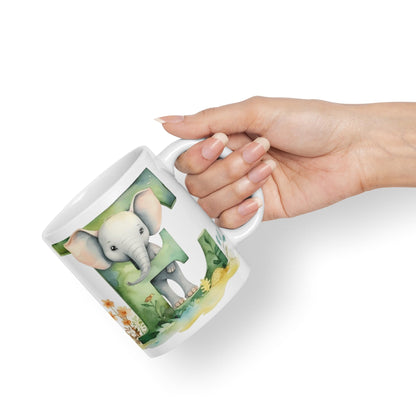 Letter E mug, Animals Alphabet Letter E Monogram animal for kids Ceramic Coloured Mug Cup for Tea Coffee Hot brew 330ml 11Oz Gift