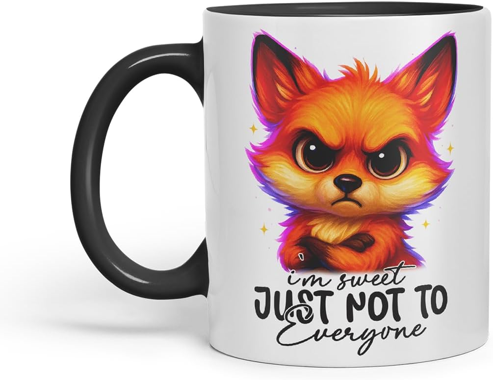 Vixar I'm Sweet Just Not to Everyone Sarcastic Fox – Coloured Ceramic Mug Cup Gift, 11oz (Black)