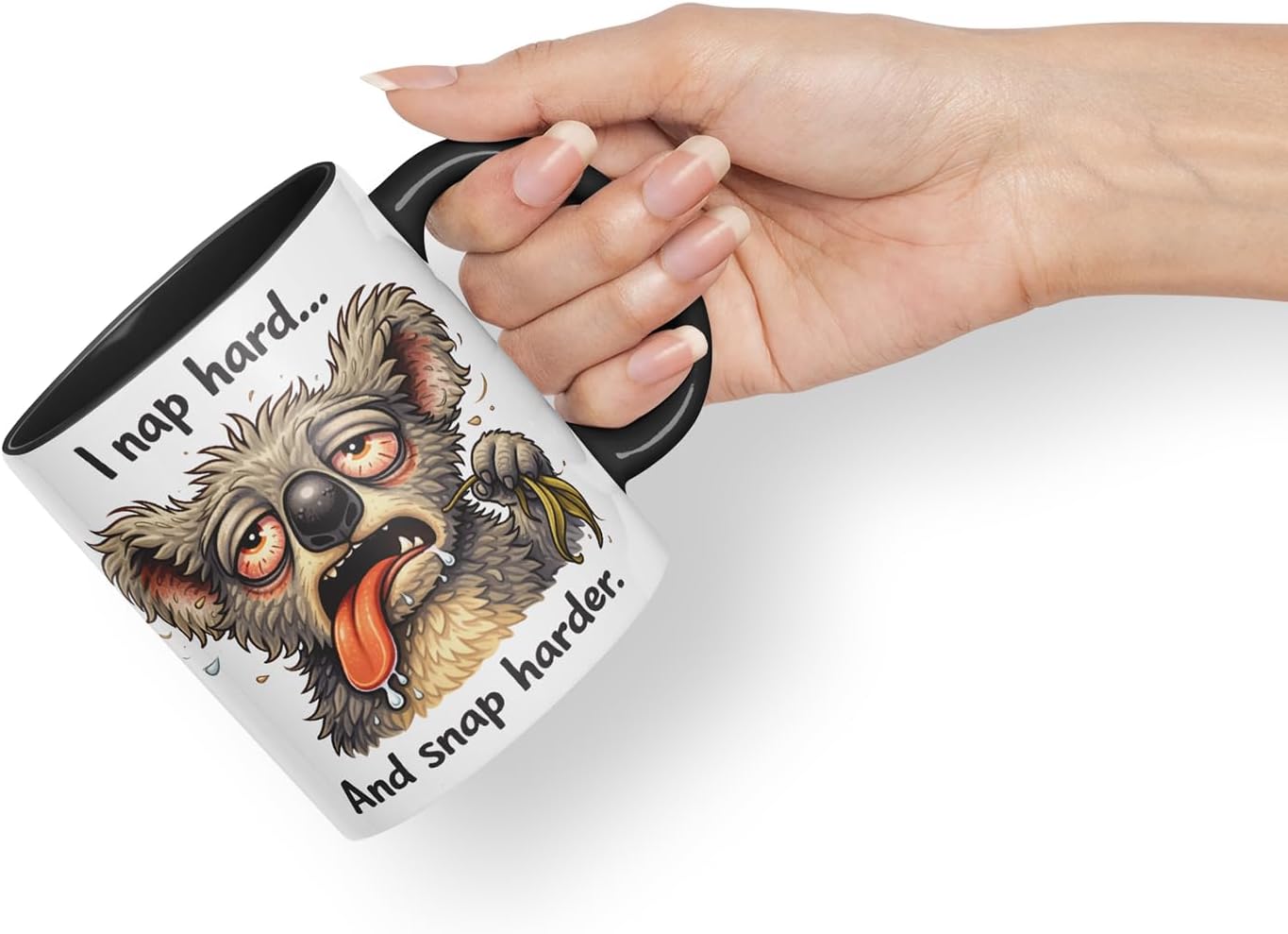 Vixar I Nap Hard and Snap Harder Funny Koala Mug – Coloured Ceramic Mug Cup Gift, 11oz (Black)