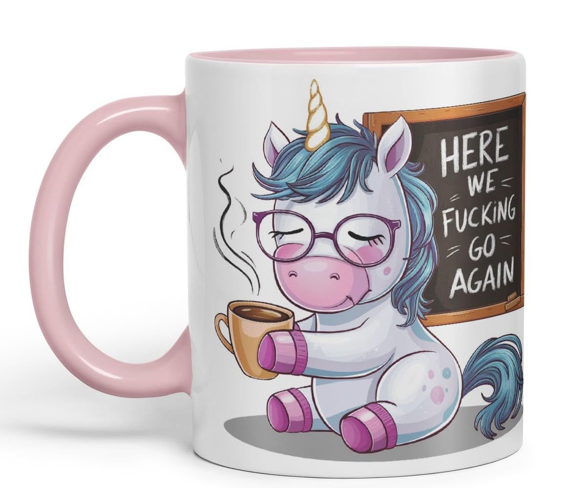 Vixar Here We F*cking Go Again – Coloured Ceramic Mug Cup Gift, 11oz (Black)