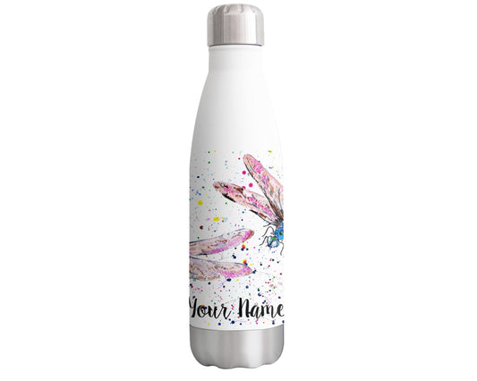 Vixar Dragonflies Pink Personalised Custom Bottle with your Text/name Dragonfly Insect Animals Watercolour Bottle Double Wall Insulated Stainless Steel Sport Drinks 500ml