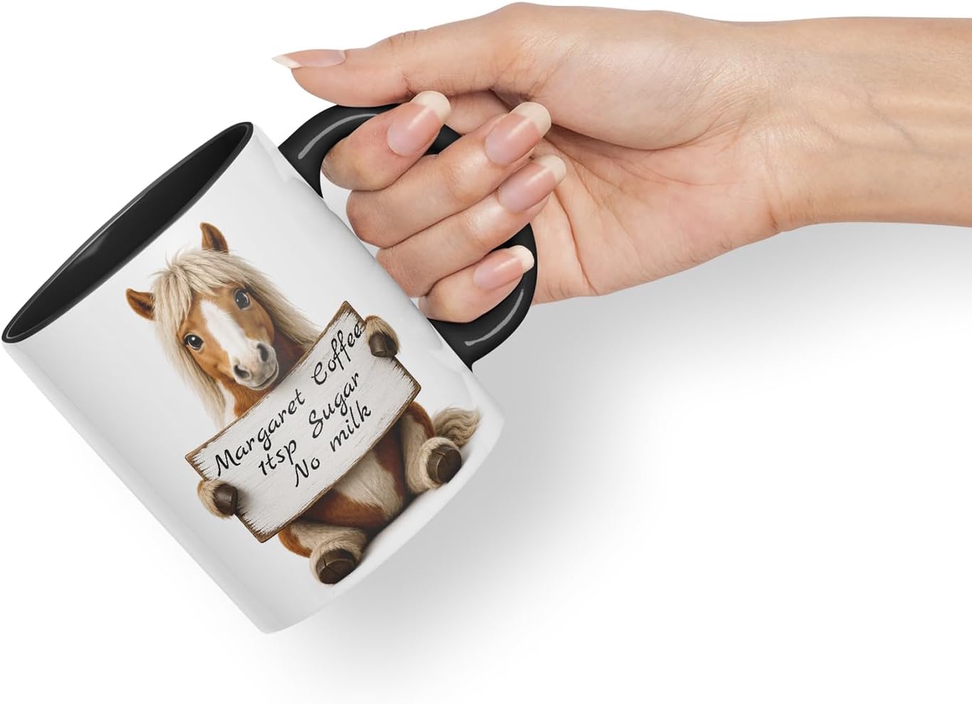 Vixar Personalised Pony Mug with Name or Custom Message – Cute Animal Coloured Ceramic Mug Cup Gift, 11oz (Black)