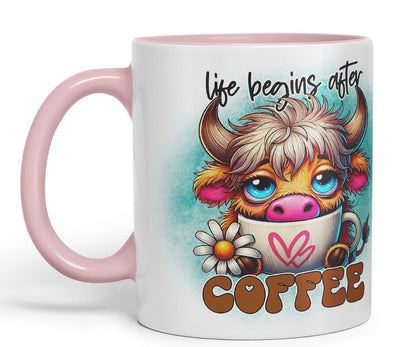 Vixar Life Begins After Coffee Highland Cow Coloured Ceramic Mug Cup Gift for Coffee Lovers 11oz (Black)