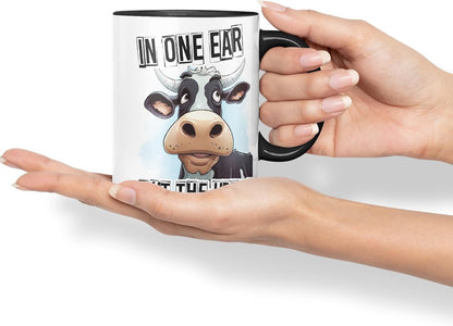 Vixar in One Ear Out The Udder Cow Joke Coloured Ceramic Mug Cup Gift, 11oz (Black)