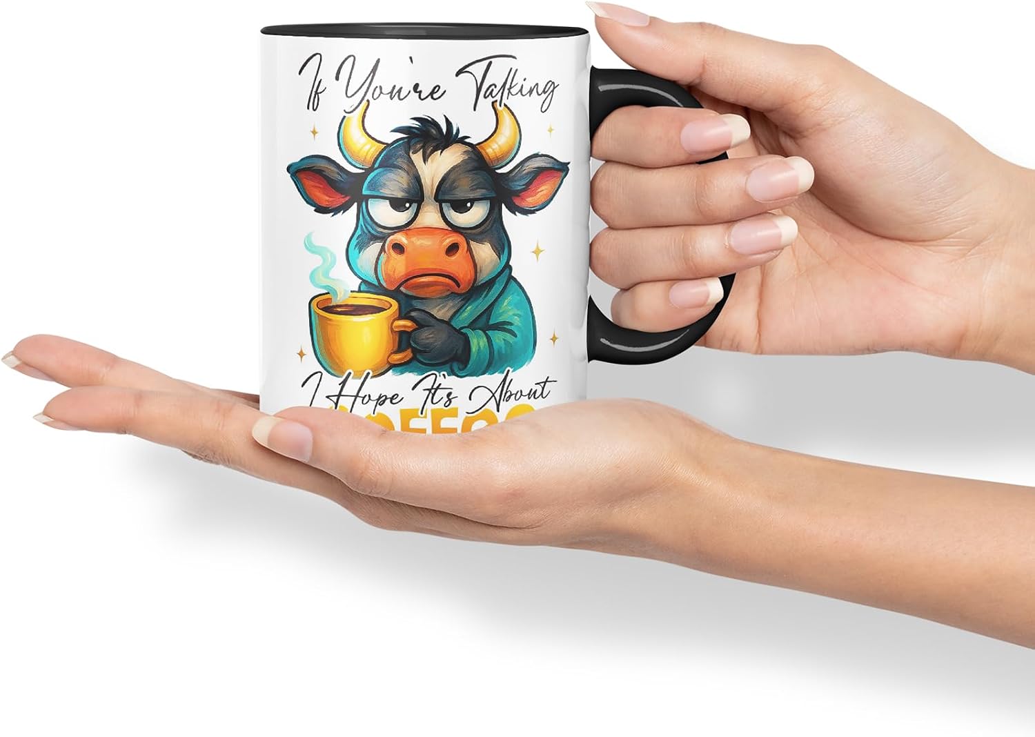 Vixar If You're Talking I Hope It's About Coffee Funny Cow Mug – Coloured Ceramic Mug Cup Gift, 11oz (Black)