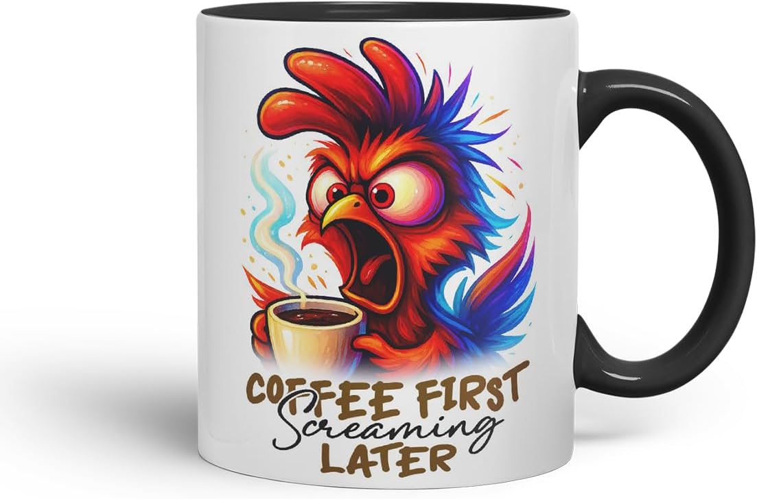 Vixar Coffee First Screaming Later Funny Chicken Mug – Coloured Ceramic Mug Cup Gift, 11oz (Black)