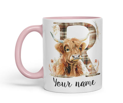 Vixar Personalised Highland Cow Initial Letter R Custom Name Mug – Coloured Ceramic Mug Cup Gift, 11oz (Black)