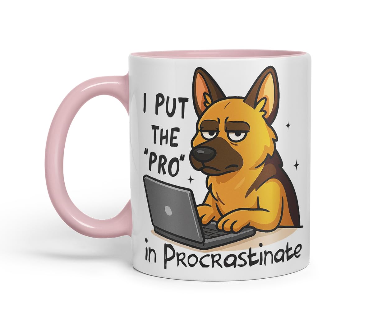 Vixar I Put The Pro in Procrastinate German Shepherd Dog Mug – Coloured Ceramic Mug Cup Gift, 11oz (Black)