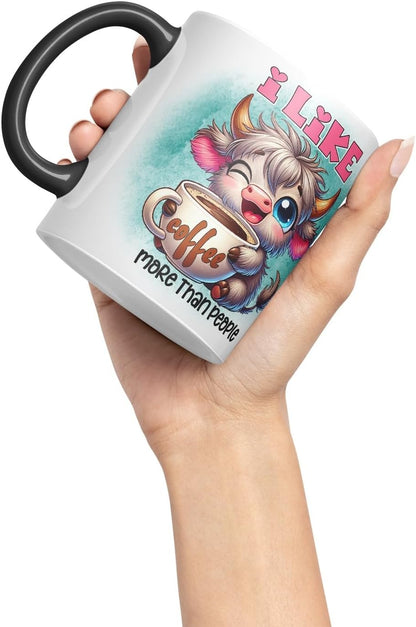 Vixar I Like Coffee More Than People Highland Cow Coloured Ceramic Mug Cup Gift for Coffee Lovers 11oz (Black)