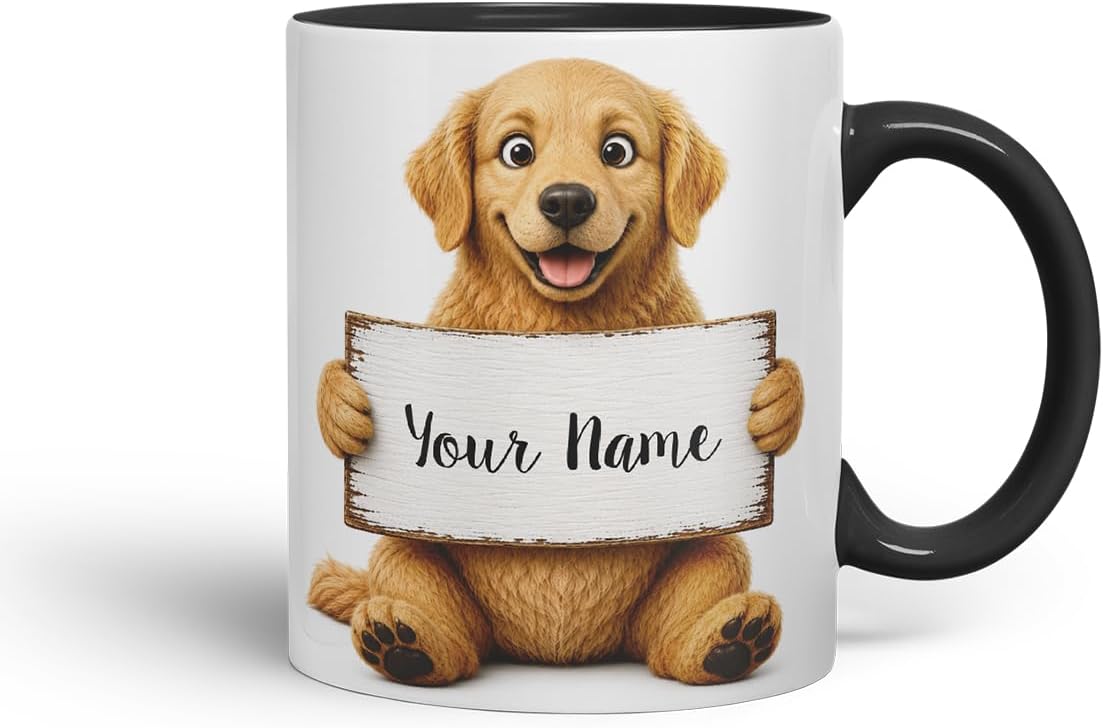 Vixar Personalised Golden Retriever Dog Pet Mug with Name or Custom Message – Cute Animal Coloured Ceramic Mug Cup Gift, 11oz (Black)