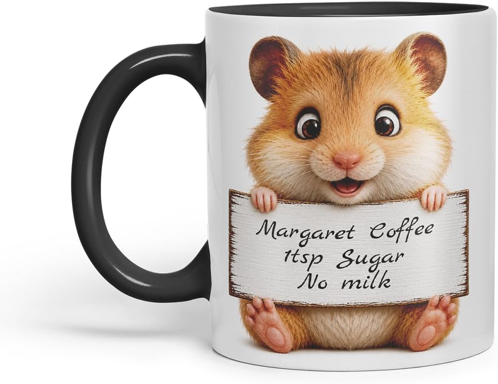 Vixar Personalised Hamster Mug with Name or Custom Message – Cute Animal Coloured Ceramic Mug Cup Gift, 11oz (Black)