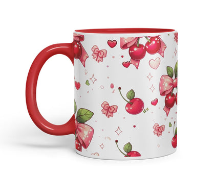 Vixar Cherry Bow Pattern Mug – Coloured Ceramic Mug Cup Gift, 11oz (Black)