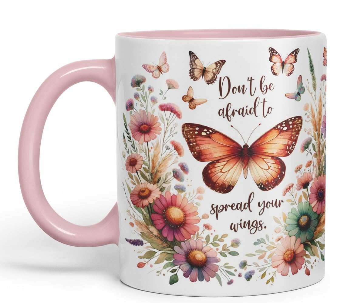 Vixar Don’t Be Afraid to Spread Your Wings Butterfly Coloured Mug Cup Floral Nature Inspirational Gift 11oz (Black)