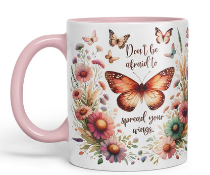 Vixar Don’t Be Afraid to Spread Your Wings Butterfly Coloured Mug Cup Floral Nature Inspirational Gift 11oz (Black)
