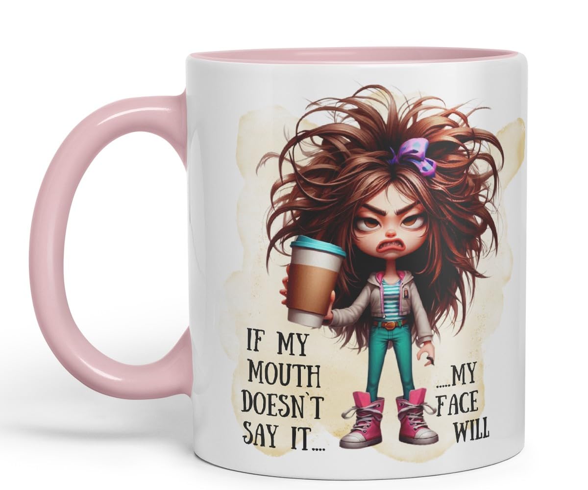 Grumpy Woman Funny Mug – If My Mouth Doesn’t Say It My Face Will – Coloured Ceramic Mug Cup Gift, 11oz (Black)