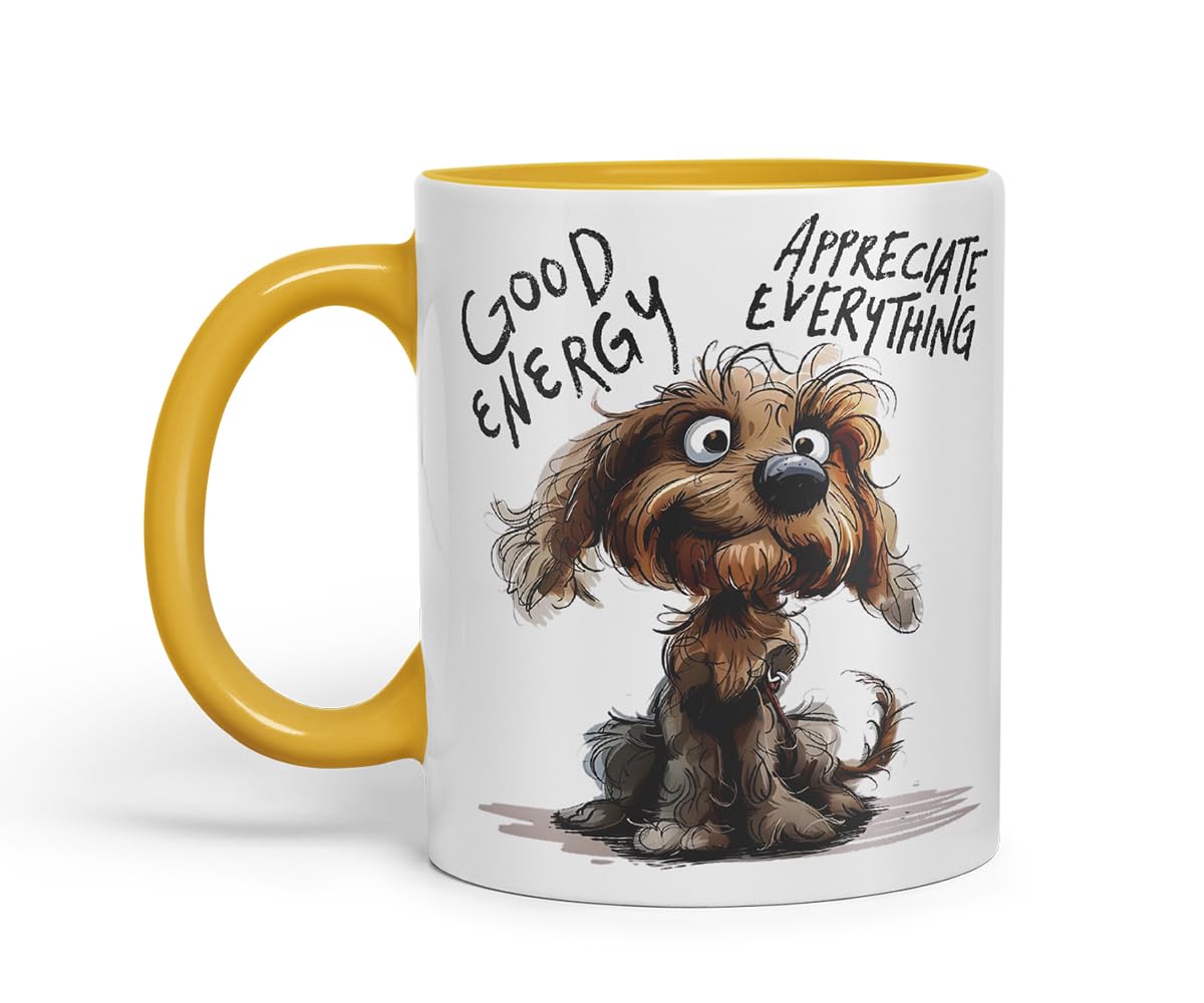 Vixar Good Energy Appreciate Everything Funny Dog – Coloured Ceramic Mug Cup Gift, 11oz (Black)
