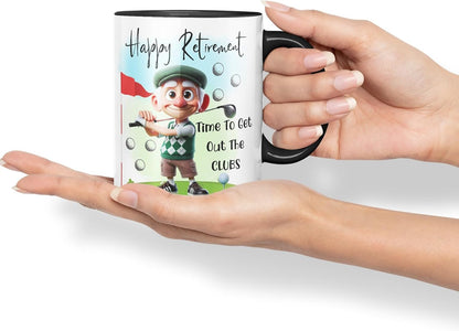 Vixar Happy Retirement Golf Mug – Time to Get Out The Clubs – Coloured Ceramic Mug Cup Gift, 11oz (Black)