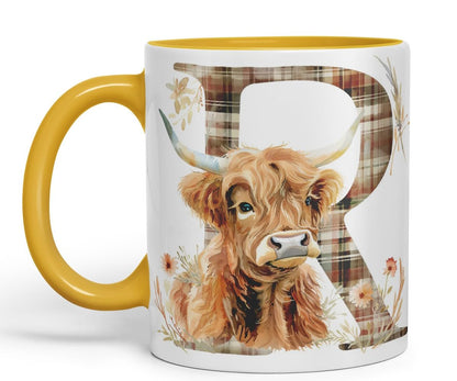 Vixar Highland Cow Alphabet Monogram Coloured Ceramic Cup Mug – Letter R – Rustic Farmhouse Animal Letter Gift – 11oz (Black)