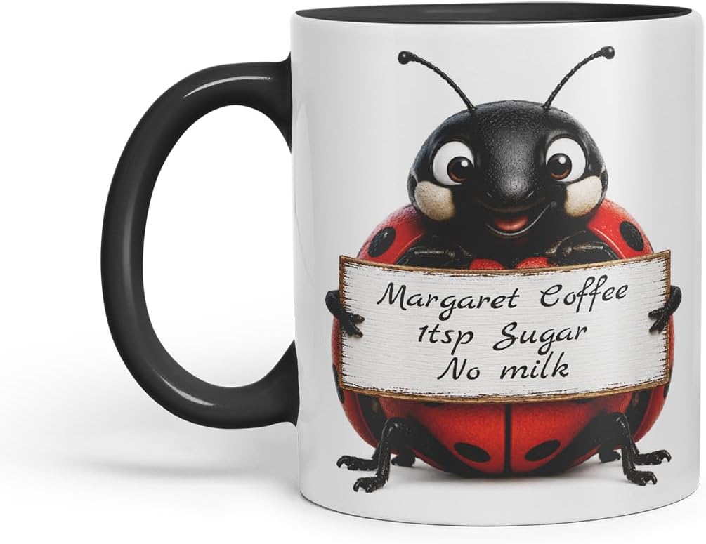 Vixar Personalised Ladybird Mug with Name or Custom Message – Cute Animal Coloured Ceramic Mug Cup Gift, 11oz (Black)