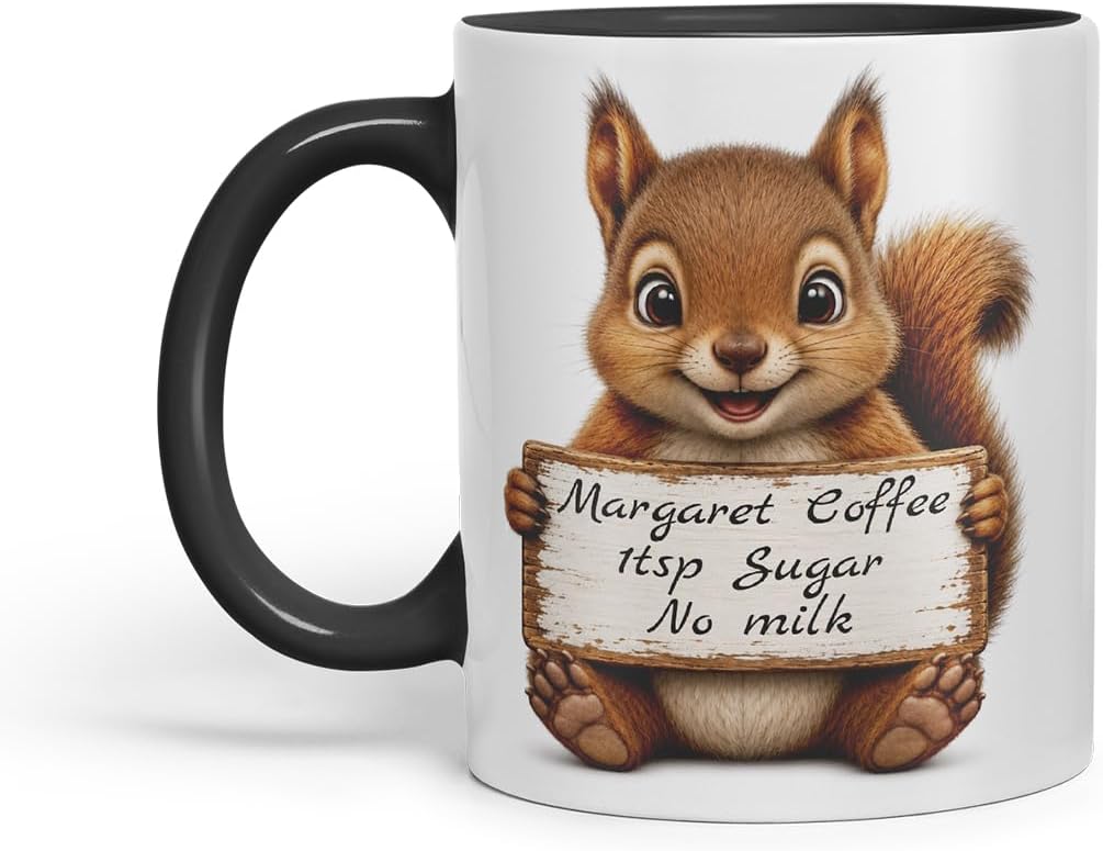 Vixar Personalised Squirrel Mug with Name or Custom Message – Cute Animal Coloured Ceramic Mug Cup Gift, 11oz (Black)