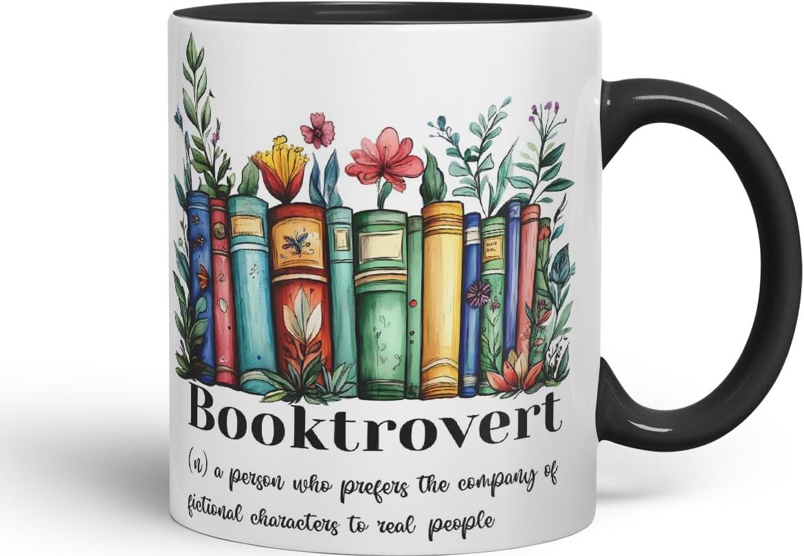 Vixar Booktrovert – a Person who Prefers The Company of Fictional Characters to Real People Coloured Ceramic Mug Cup Gift, 11oz (Black)