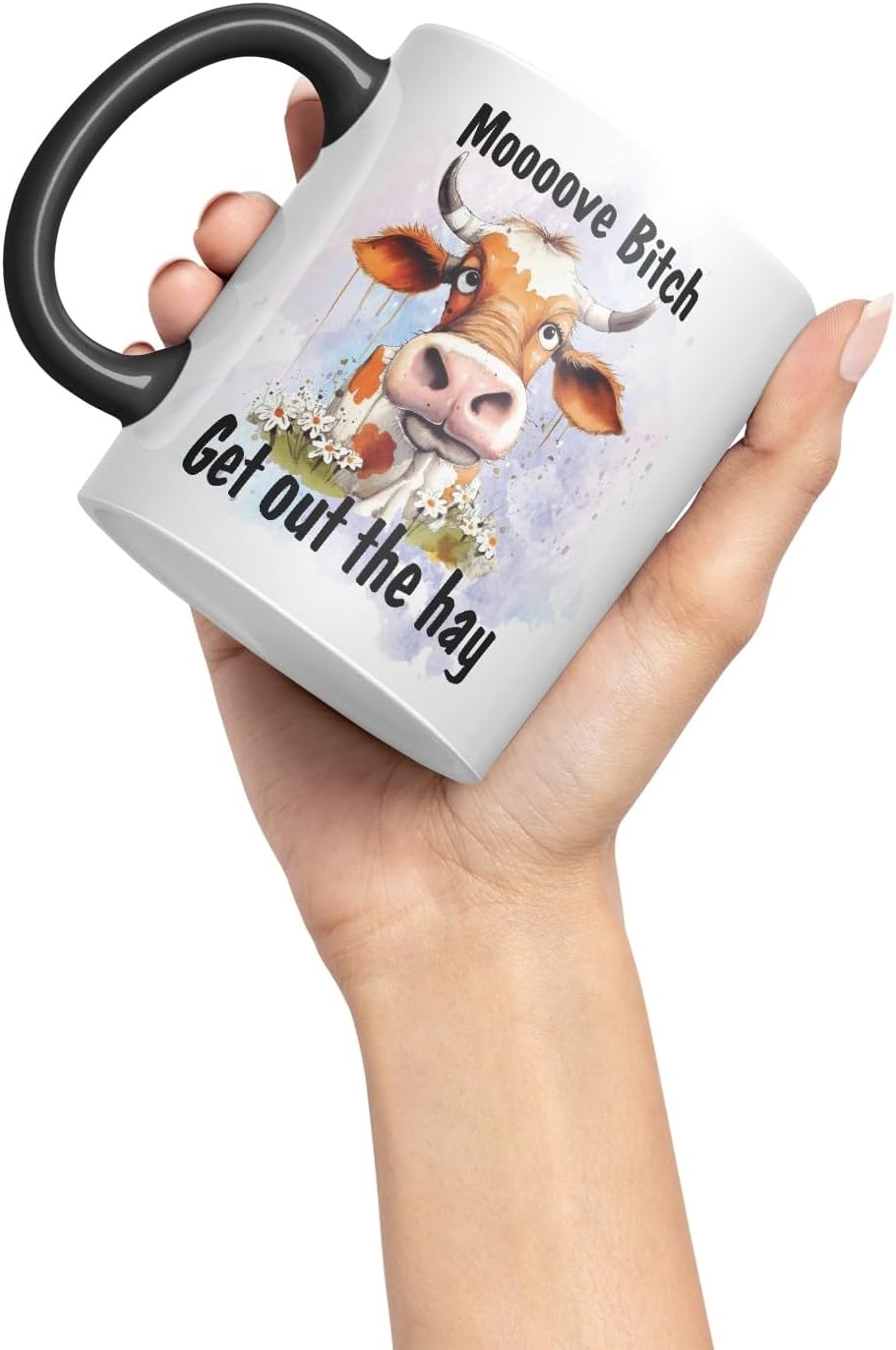 Vixar Moooove Bit.. Get Out The Hay Cow Joke Coloured Ceramic Mug Cup Gift, 11oz (Black)