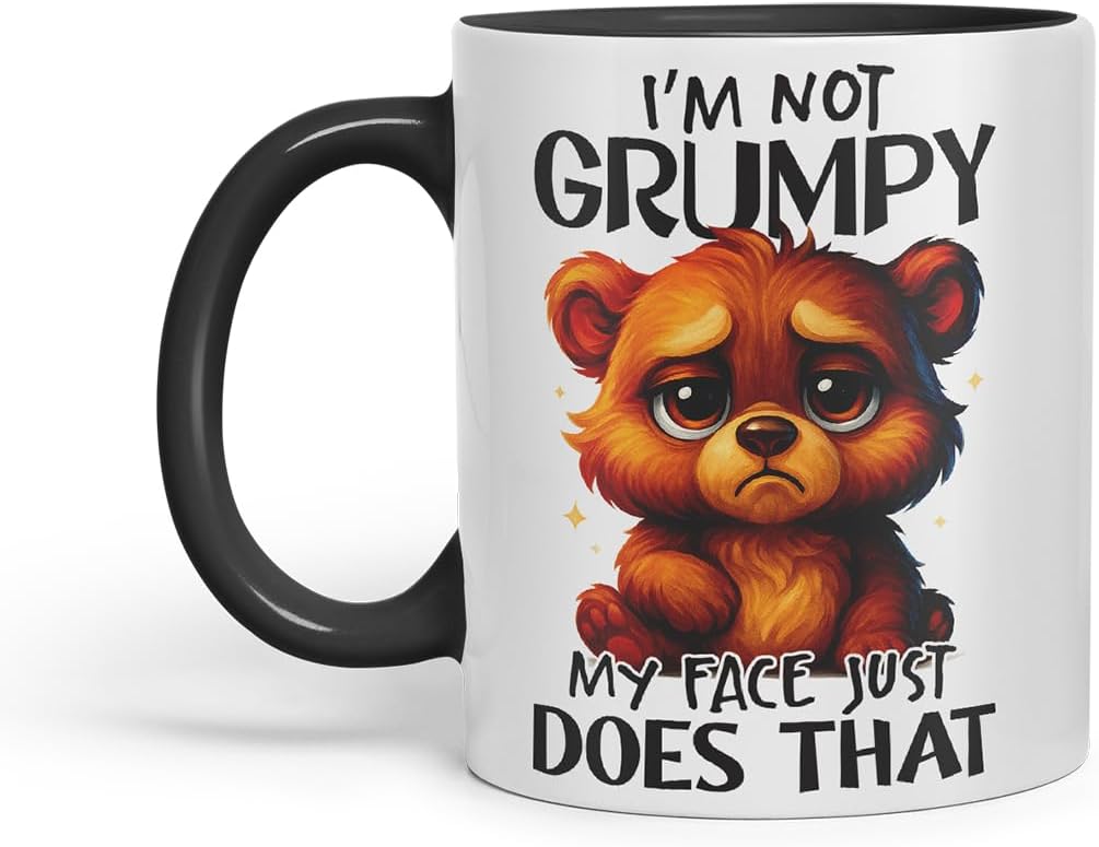 Vixar I'm Not Grumpy My Face Just Does that Funny Bear Mug – Coloured Ceramic Mug Cup Gift, 11oz (Black)