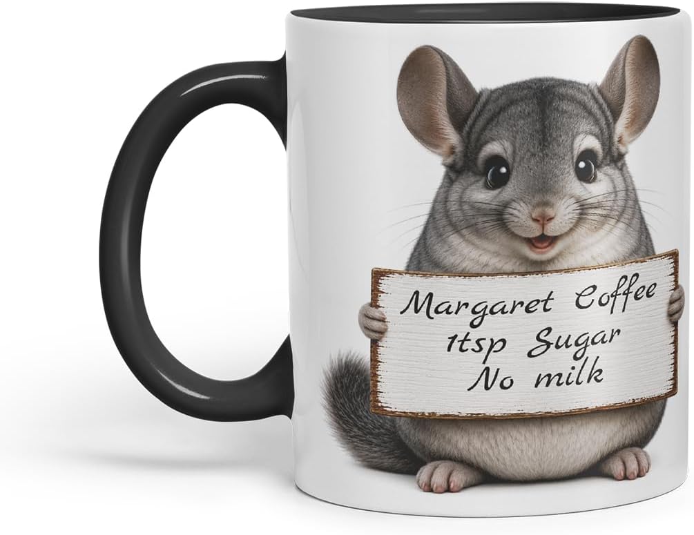 Vixar Personalised Chinchilla Mug with Name or Custom Message – Cute Animal Coloured Ceramic Mug Cup Gift, 11oz (Black)