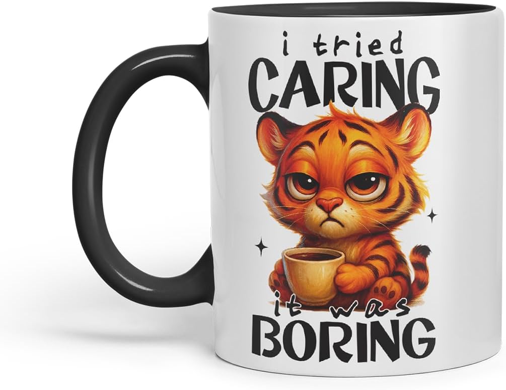 Vixar I Tried Caring It was Boring Funny Tiger Mug – Coloured Ceramic Mug Cup Gift, 11oz (Black)