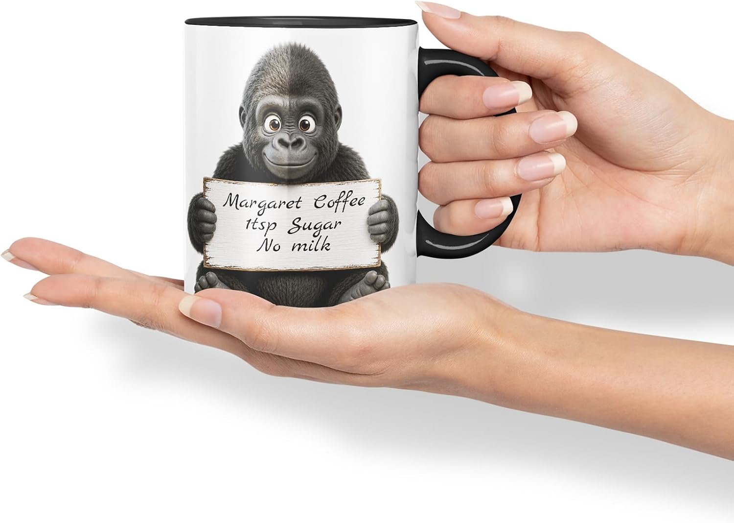 Vixar Personalised Gorilla Mug with Name or Custom Message – Cute Animal Coloured Ceramic Mug Cup Gift, 11oz (Black)