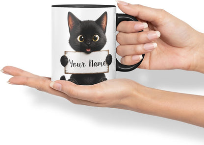 Vixar Personalised Cute Cat Mug with Name or Custom Message – Cute Animal Coloured Ceramic Mug Cup Gift, 11oz (Black)