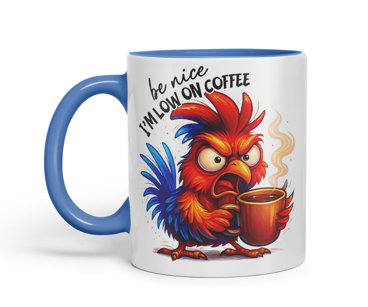 Vixar Be Nice I'm Low On Coffee Funny Chicken Mug – Coloured Ceramic Mug Cup Gift, 11oz (Black)