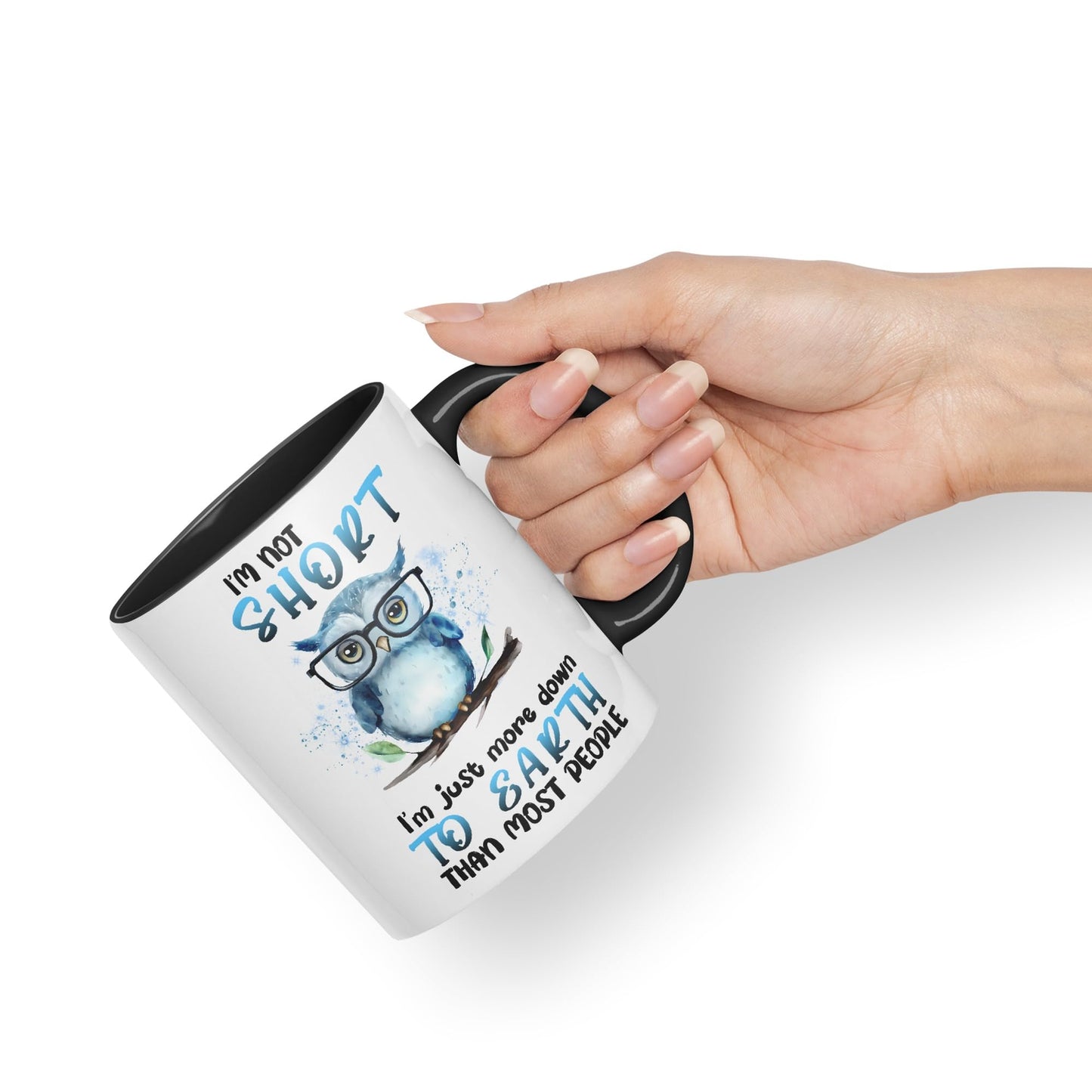 Vixar I'm Not Short, I'm just More Down to Earth Than Most People, owl Sarcastic Joke Ceramic Coloured Mug Cup for Tea Coffee Hot Brew 330ml 11Oz