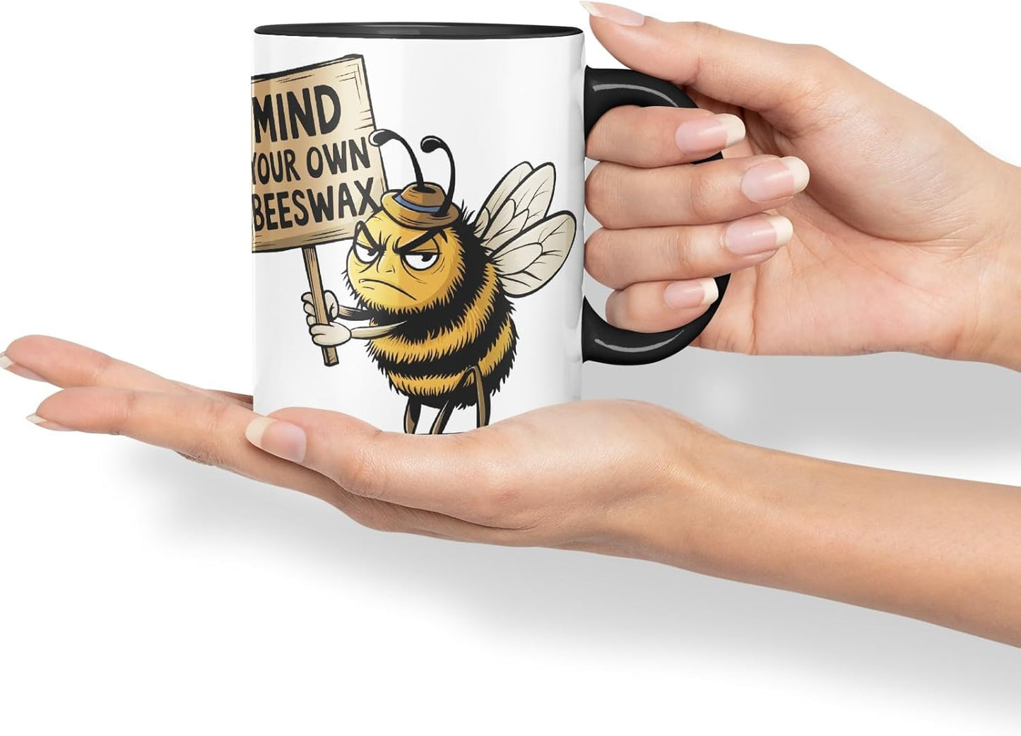 Vixar Mind Your Own Beeswax – Coloured Ceramic Mug Cup Gift, 11oz (Black)