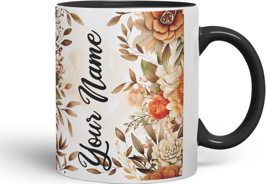 Vixar Personalised Autumn Flower Mug – Custom Your Name Coloured Ceramic Mug Cup Gift, 11oz (Black)