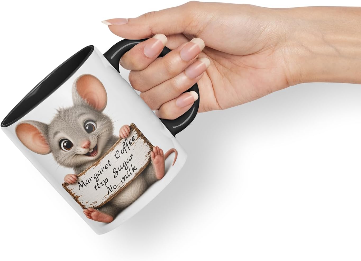 Vixar Personalised Mouse Mug with Name or Custom Message – Cute Animal Coloured Ceramic Mug Cup Gift, 11oz (Black)