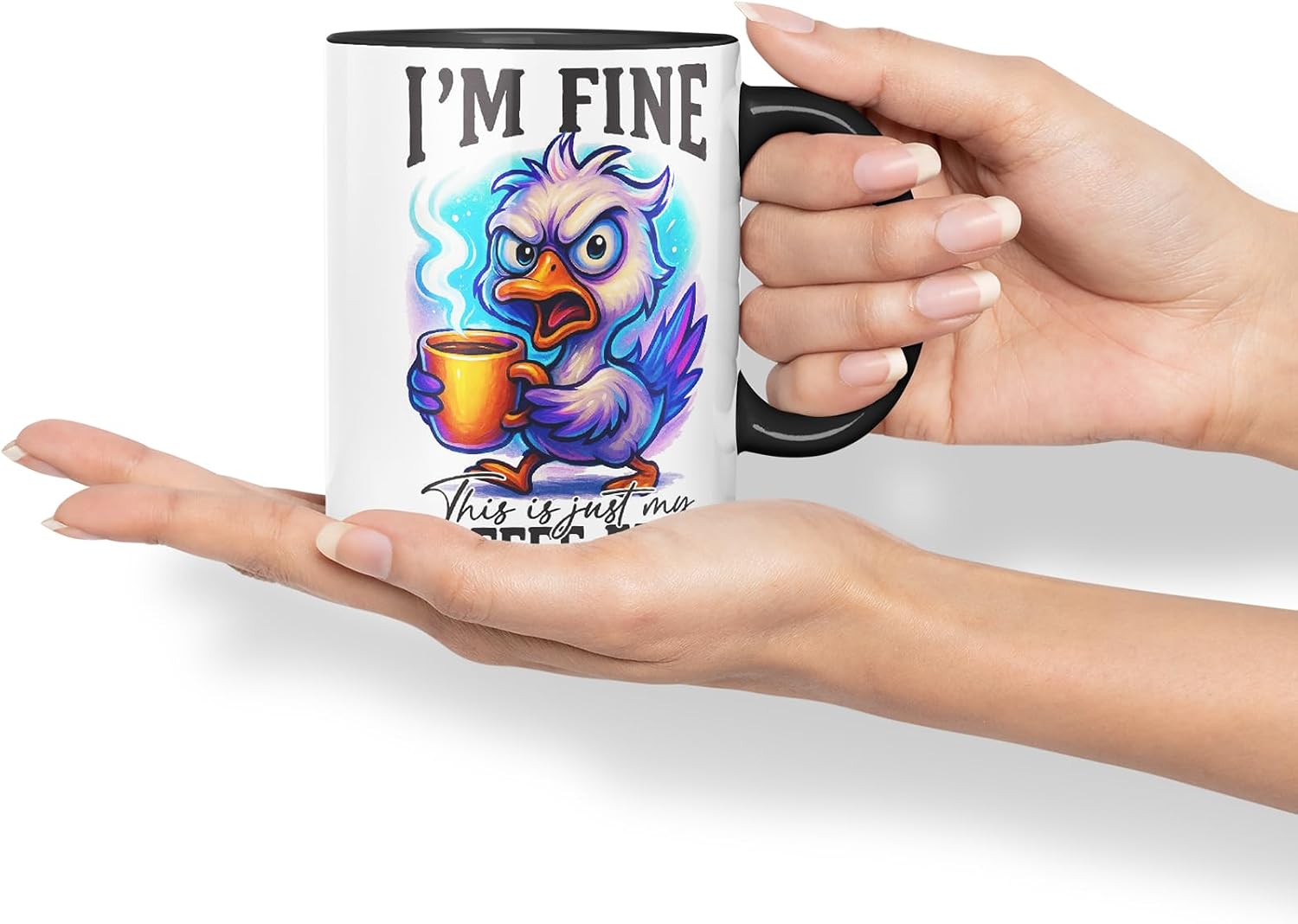 Vixar I'm Fine This is Just My Coffee Face Funny Bird Mug – Coloured Ceramic Mug Cup Gift, 11oz (Black)