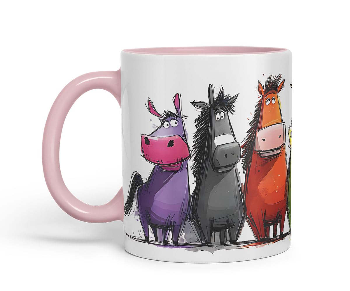 Vixar Funny Colourful Horse Equestrian Friends Design – Cute Animal Character Mug for Farm Animals Lovers & Riders, Coloured Mug Cup Gift, 11oz (Black)
