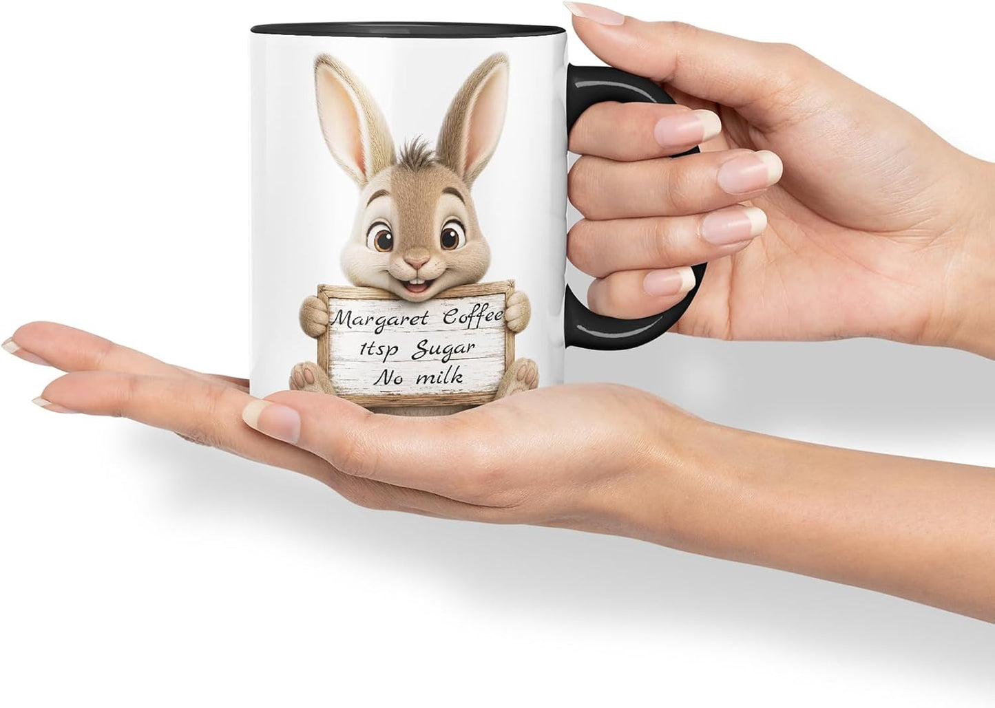 Vixar Personalised Hare Mug with Name or Custom Message – Cute Animal Coloured Ceramic Mug Cup Gift, 11oz (Black)