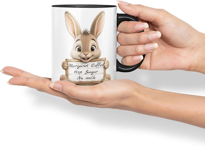 Vixar Personalised Hare Mug with Name or Custom Message – Cute Animal Coloured Ceramic Mug Cup Gift, 11oz (Black)