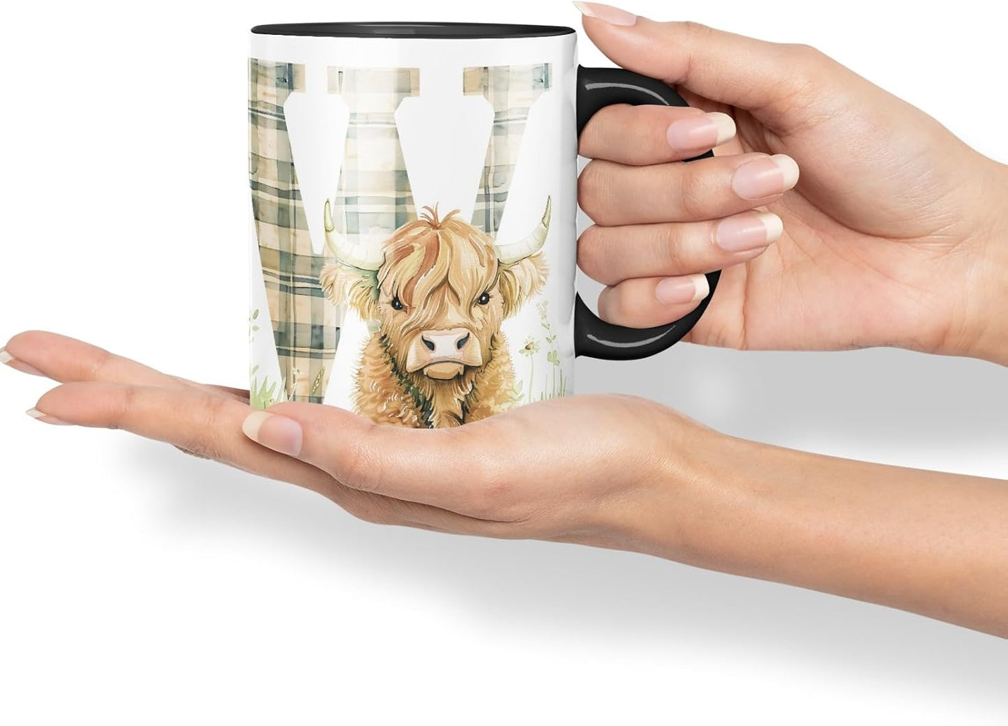 Vixar Highland Cow Alphabet Monogram Coloured Ceramic Cup Mug – Letter W – Rustic Farmhouse Animal Letter Gift – 11oz (Black)