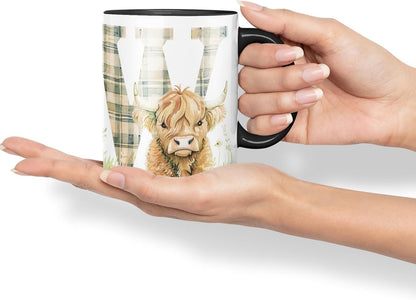Vixar Highland Cow Alphabet Monogram Coloured Ceramic Cup Mug – Letter W – Rustic Farmhouse Animal Letter Gift – 11oz (Black)