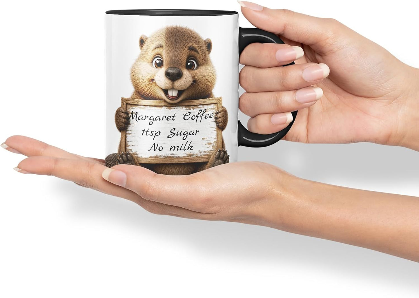 Vixar Personalised Beaver Mug with Name or Custom Message – Cute Animal Coloured Ceramic Mug Cup Gift, 11oz (Black)