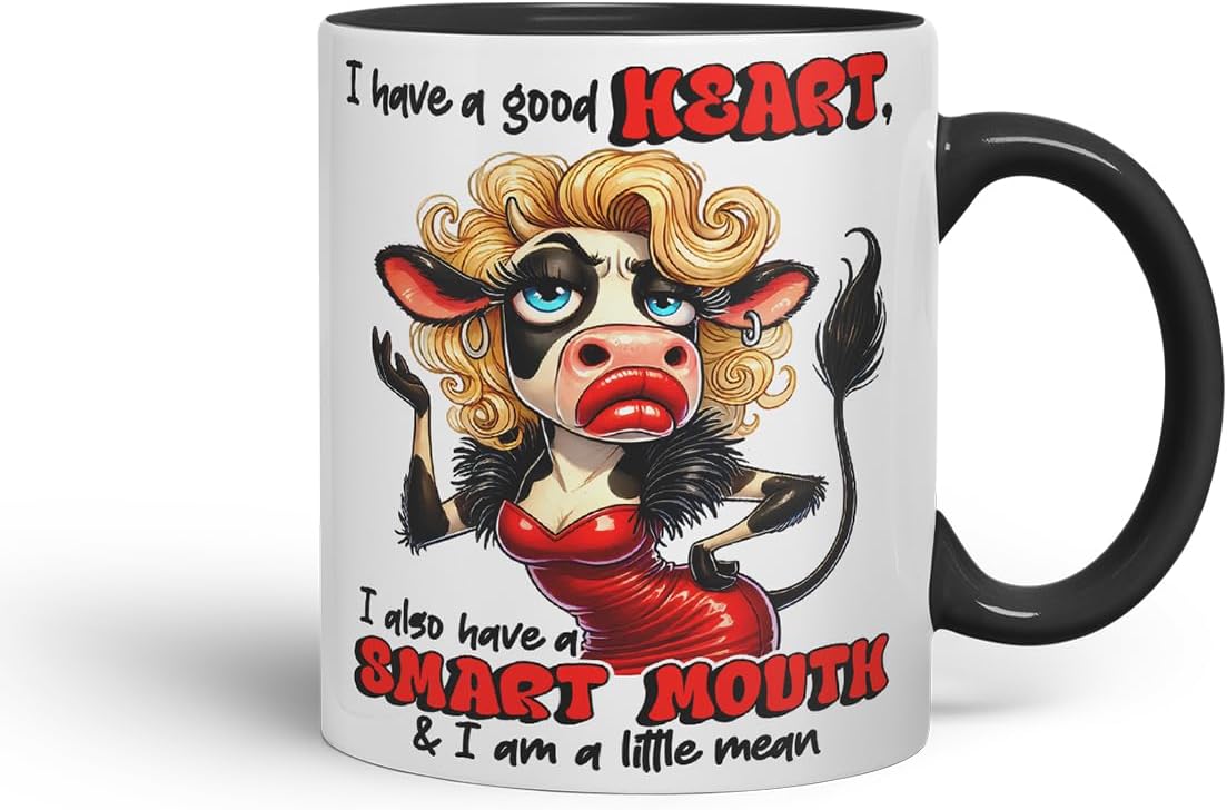 Vixar I Have a Good Heart But This Mouth Funny Cow – Coloured Ceramic Mug Cup Gift, 11oz (Black)