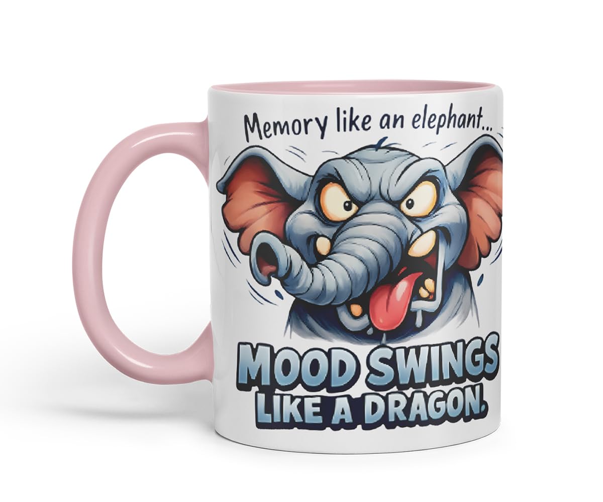 Vixar Memory Like an Elephant Mood Swings Like A Dragon Funny Elephant Mug – Coloured Ceramic Mug Cup Gift, 11oz (Black)