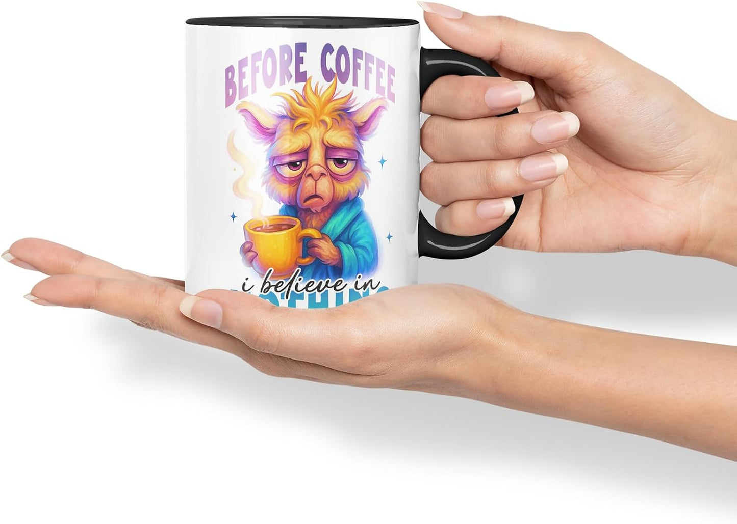 Vixar Before Coffee I Believe in Nothing Funny Llama Mug – Coloured Ceramic Mug Cup Gift, 11oz (Black)