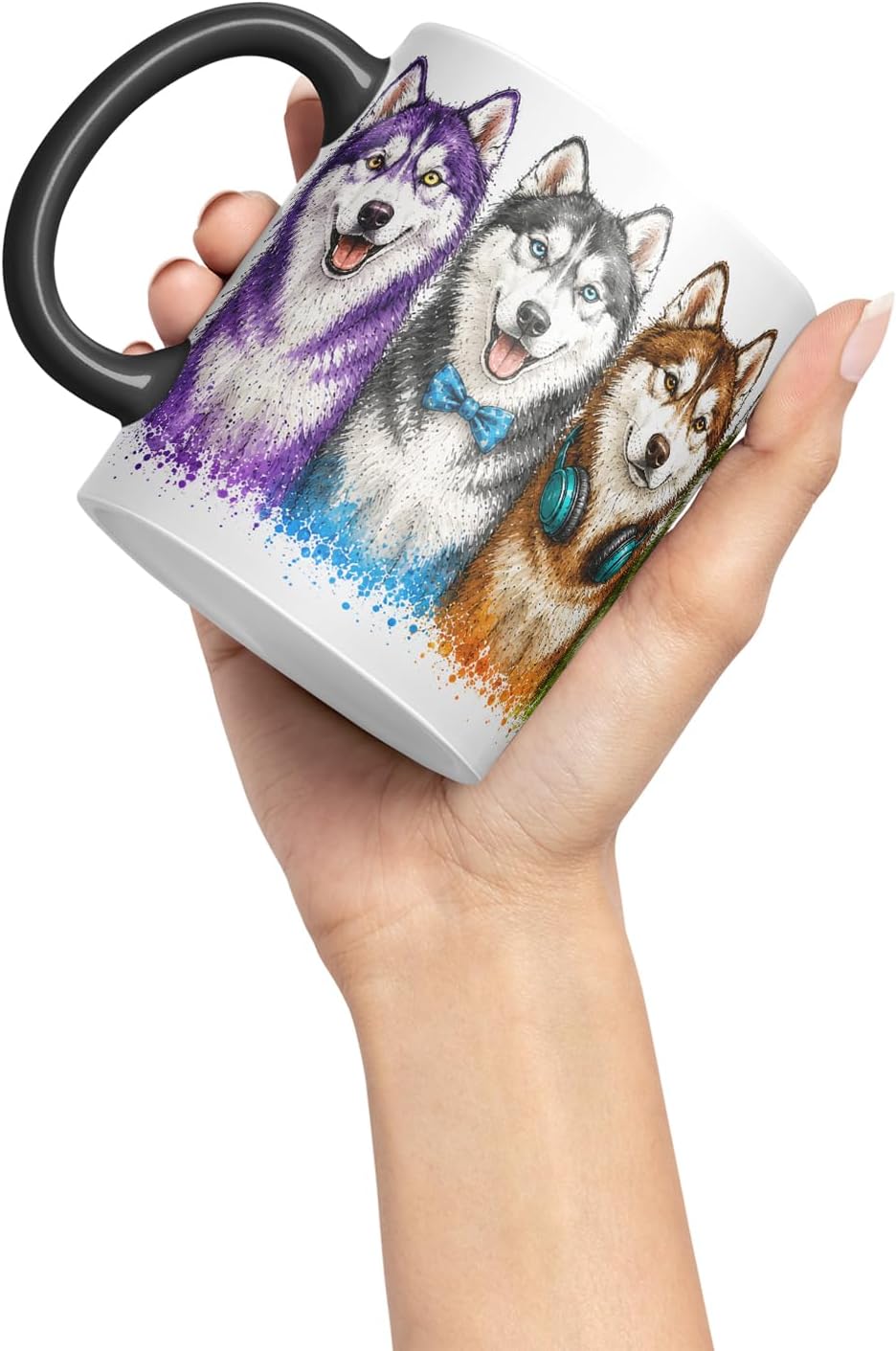 Huskies Mug – Cute Husky Dogs Coloured Ceramic Mug Cup Gift, 11oz (Black)