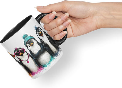 Penguin Mug – Cute Penguins Coloured Ceramic Mug Cup Gift, 11oz (Black)